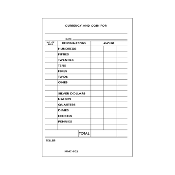 Image of item: Currency and Coin Record Forms, Single-Part - 10 Pads (1000 Sheets)